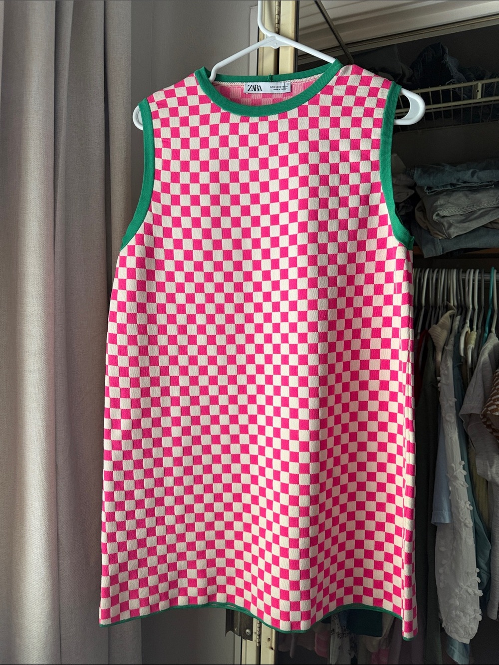 Zara Pink, Cream & Green Checkerboard Sleeveless Knit Dress